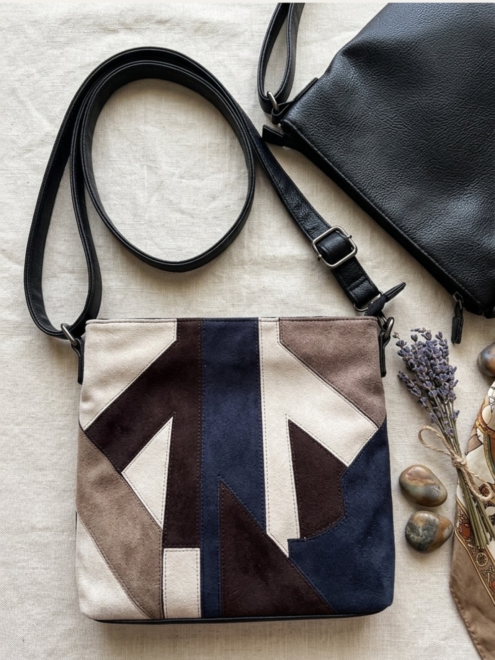 Mark Adam NY Faux Suede Patchwork Sling Bag Boho Geometric Crossbody Purse